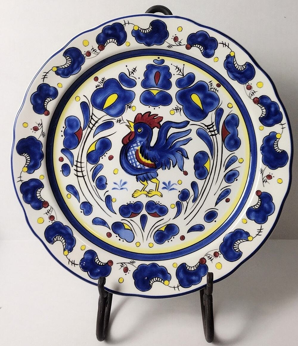 Ceramic Painted Rooster Platter 13"Round in Blue~ White~ Yellow
